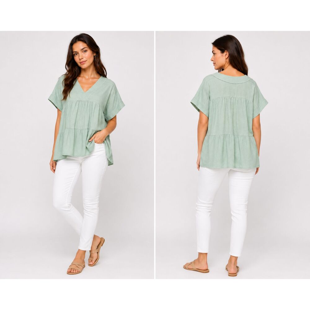 New Gigio L 12 14 16 Pastel Mint Green Textured Cotton Tiered Top OVERSIZED